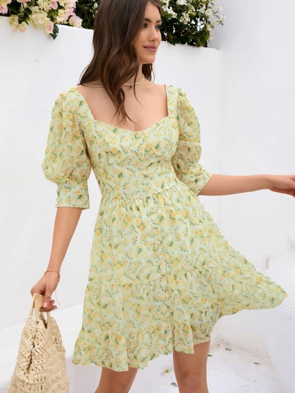 Sunlit Floral Puff-Sleeve Mini Dress - Yellow
